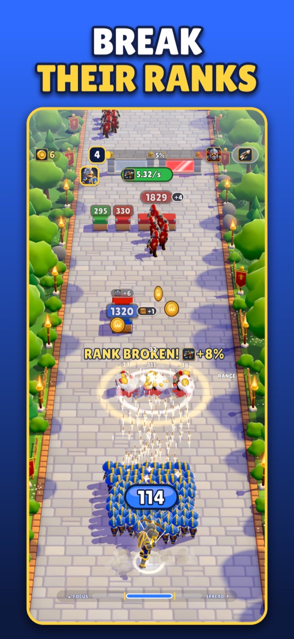 Break their ranks: An enemy rank breaking under a volley of arrows